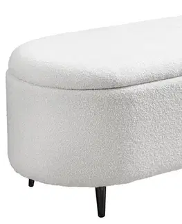 Estila Designová art deco zaoblená lavice Yara s úložným prostorem s bílým buklé potahem s černými kovovými nožičkami 110 cm