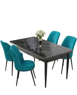 Dining Table & Chairs Set (5 Pieces) Nil - Black Marble, Turquoise