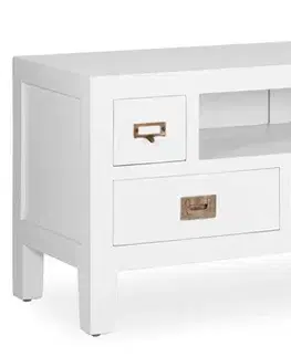 Estila Designový koloniální TV stolek Blanc s policí a šuplíky v bílé barvě 125 cm