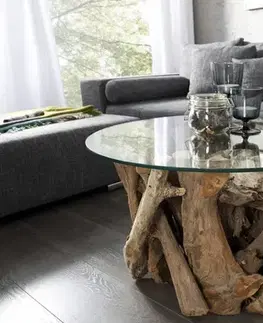 Estila Masivní designový konferenční stolek Wild se skleněnou povrchovou deskou 60cm