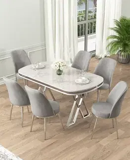 Dining Table & Chairs Set (7 Pieces) Lai - White, Chrome, Grey