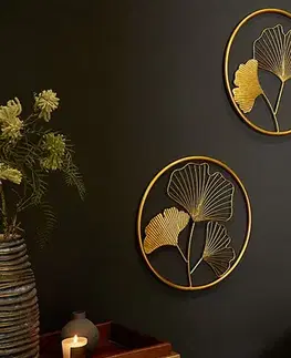 Estila Moderní set florálních kulatých nástěnných kovových dekorací Biloba II zlaté barvy 40cm