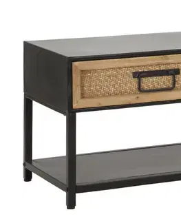Estila Industriální obdélníkový kovový černý TV stolek Herringbone s úložným prostorem s hnědým vyplétaným vzorem rybí kosti 95 cm