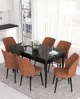 Extendable Dining Table & Chairs Set (7 Pieces) Eva - Black Marble, Tile Red