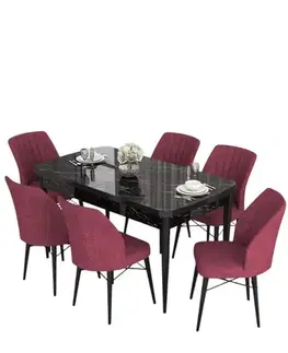Extendable Dining Table & Chairs Set (7 Pieces) Eva - Black Marble, Burgundy
