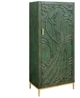 Estila Orientální obdélníková art deco barová skříňka Birdy ze zeleného mangového dřeva s vyřezávaným pávem a zlatými nožičkami 166 cm