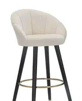 Estila Art deco krémová barová židle Eldoria s oblým čalouněným opěradlem a kovovými nožičkami v černé a zlaté barvě 104 cm