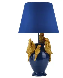 Estila Designová glamour stolní lampa Tierra Glam v královské modré barvě s figurami papoušků ve zlaté barvě 55 cm