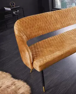 Estila Designová čalouněná art deco lavice Fribourg s asymetrickými nožičkami zlatá žlutá 162 cm