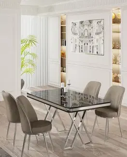Dining Table & Chairs Set (5 Pieces) Vals - Black Marble, Chrome, Cappuccino