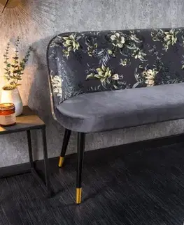 Estila Moderní art-deco čalouněná lavice Floreque do předsíně s šedým sametovým potahem s florálním motivem 130cm