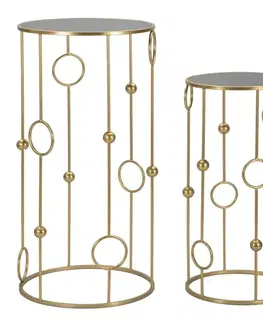 Estila Art deco kulatý set dvou kovových zlatých příručních stolků Circle s kruhovými detaily s vrchní zrcadlovou deskou 100 cm