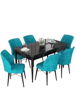 Extendable Dining Table & Chairs Set (7 Pieces) Nef - Black Marble, Turquoise
