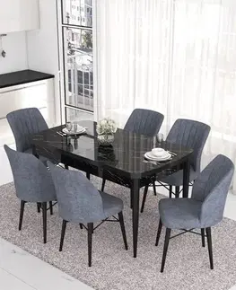 Extendable Dining Table & Chairs Set (7 Pieces) Eva - Black Marble, Fume