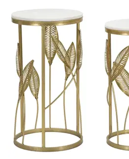 Estila Art deco set dvou kulatých příručních zlatých kovových stolků Natura Elegante s bílou deskou a zlatými listy 65 cm