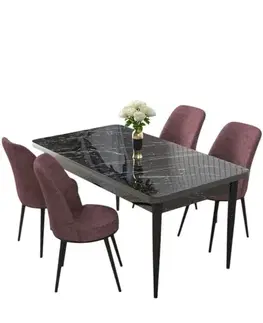 Dining Table & Chairs Set (5 Pieces) Nil - Black Marble, Dusty Rose