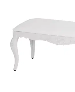 Estila Provence designová lavice Antibes s bílým látkovým čalouněním a masivními zaoblenými nožičkami bílá 100cm