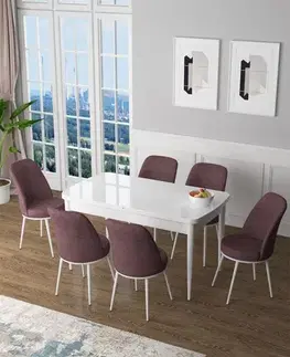 Extendable Dining Table & Chairs Set (7 Pieces) Zen - White, Dusty Rose