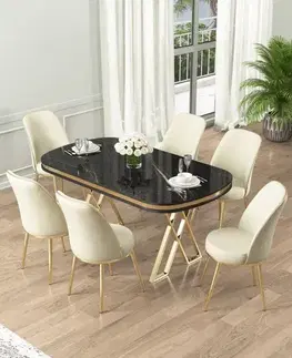 Dining Table & Chairs Set (7 Pieces) Lai - Black Marble, Gold, Cream