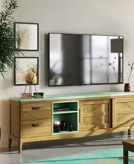 Estila Luxusní venkovský obdélníkový TV stolek Quebec se dvěma posuvnými dvířky a dvěma barvami se dvěma policemi 200 cm