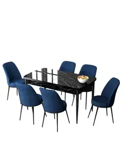 Extendable Dining Table & Chairs Set (7 Pieces) Zen - Black Marble, Navy Blue