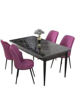 Dining Table & Chairs Set (5 Pieces) Nil - Black Marble, Purple