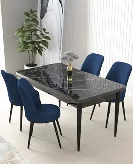 Dining Table & Chairs Set (5 Pieces) Nil - Black Marble, Navy Blue