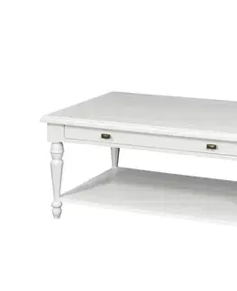Estila Bílý provence konferenční stolek Belliene z vyřezávaného dřeva s tvarovanými nožičkami a šuplíkem 122cm