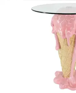 Estila Moderní kulatý růžovo-béžový příruční stolek Pop Atelier ve tvaru kornoutu se stékající zmrzlinou a skleněnou deskou 74 cm