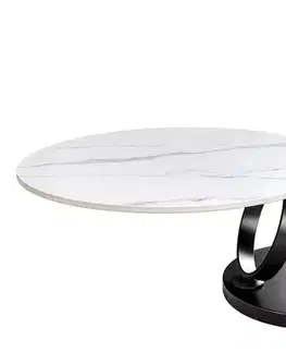 Estila Designový kulatý dvouúrovňový otočný konferenční stolek Delin s bílým mramorovým vzorem s černými nožičkami 80-133 cm