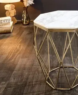 Estila Moderní bílý konferenční stolek Diamond Marble s mosaznou podstavou v provedení mramor 50cm