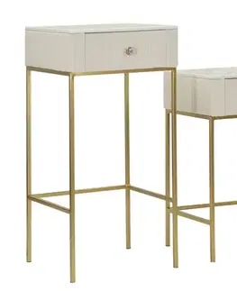 Estila Art deco sada čtvercových mramorových sametových béžových příručních stolků Glamia Tapisé se zásuvkou 90 cm