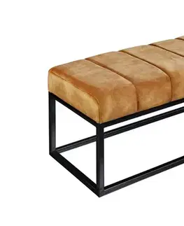 Estila Designová industriální obdélníková lavice Taxil s hořčicovým sametovým prošívaným potahem a kovovou černou konstrukcí 108 cm