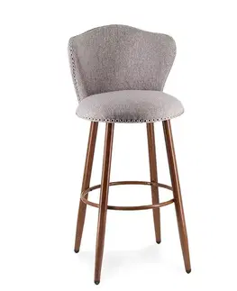 Estila Designová moderní barová židle Nayla s šedým lněným potahem s vybíjeným zdobením a hnědými nožičkami 102 cm