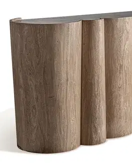 Estila Luxusní art deco atypický hnědý mramorový barový pult Zoran v oblém tvaru s vrchní černou deskou s devíti poličkami 243 cm