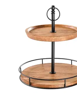 Estila Designový industriální dvouúrovňový etažér Ganga z masivního mangového dřeva v přírodní hnědé barvě s černými detaily 38 cm
