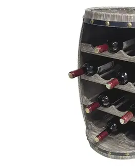 Estila Designová vintage vinotéka Crawley z masivního dřeva v šedohnědé barvě s patinovaným efektem ve tvaru sudu na 14 lahví 64 cm