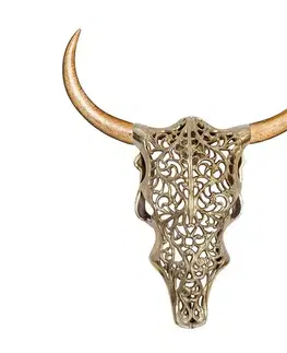 Estila Designová moderní zlatá nástěnná dekorace Bull ve tvaru býčí lebky s ornamentálním zdobením a hnědými dřevěnými rohy 60 cm