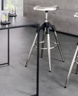 Estila Designová barová otočná kulatá nastavitelná lesklá židle Zalias ve stříbrné barvě v glamour stylu 74-82 cm