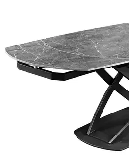 Estila Designový šedý rozkládací jídelní stůl Lutz s oválnou mramorovou deskou s bílými žilkami a černou kovovou podstavou 190 cm