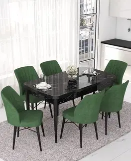 Extendable Dining Table & Chairs Set (7 Pieces) Nef - Black Marble, Khaki