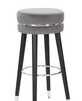Estila Art deco barová židle Laurentia s šedým sametovým sedátkem s chromovými detaily a černými kovovými nožičkami 74 cm