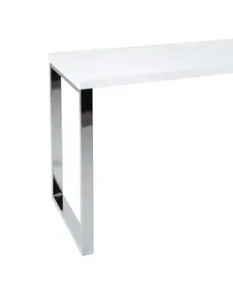 Estila Moderní obdélníkový bílý psací stůl White Desk s lesklou deskou a hranatými stříbrnými kovovými chromovými nohami 140 cm