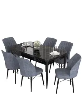 Extendable Dining Table & Chairs Set (7 Pieces) Eva - Black Marble, Fume