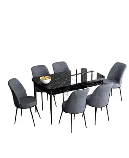 Extendable Dining Table & Chairs Set (7 Pieces) Han - Black Marble, Fume