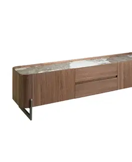 Estila Luxusní moderní hnědý TV stolek Vita Naturale s vrchní deskou s mramorovým designem se dvěma skříňkami a šuplíky 200 cm