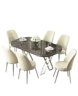 Dining Table & Chairs Set (7 Pieces) Lai - Anthracite, Chrome, Cream