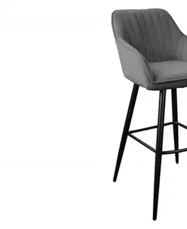 Estila Moderní barová židle Vittel ze sametu v šedé barvě s černými kovovými nohami 102cm
