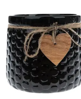 Keramický obal na květináč Wood heart černá, 12,5 x 14 cm