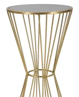 Estila Art deco kulatý kovový zlatý příruční stolek Samer s nohou ve tvaru přesýpacích hodin s vrchní skleněnou černou deskou 80 cm